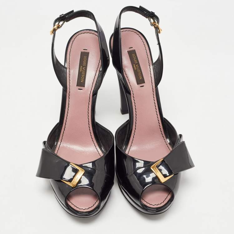 Pre Owned Louis Vuitton Black Patent Leather Bow Peep Toe Platform Slingback Sandals Size 38