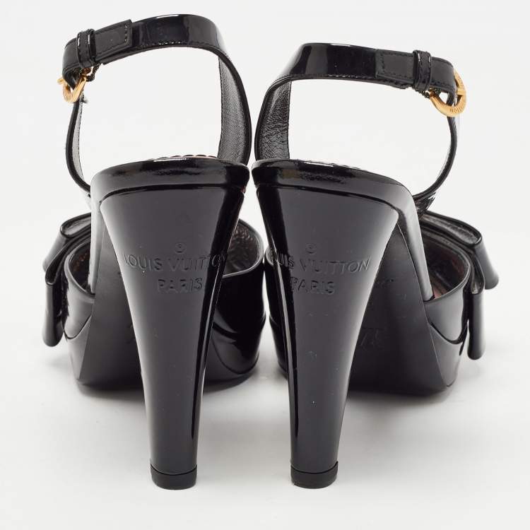 Pre Owned Louis Vuitton Black Patent Leather Bow Peep Toe Platform Slingback Sandals Size 38