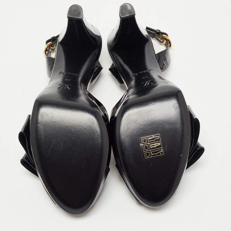 Pre Owned Louis Vuitton Black Patent Leather Bow Peep Toe Platform Slingback Sandals Size 38