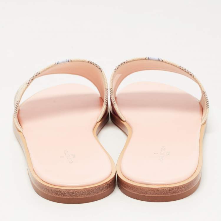 Pre Owned Louis Vuitton Beige/Navy Blue Damier Azur Canvas Lock It Flat Slides Size 40