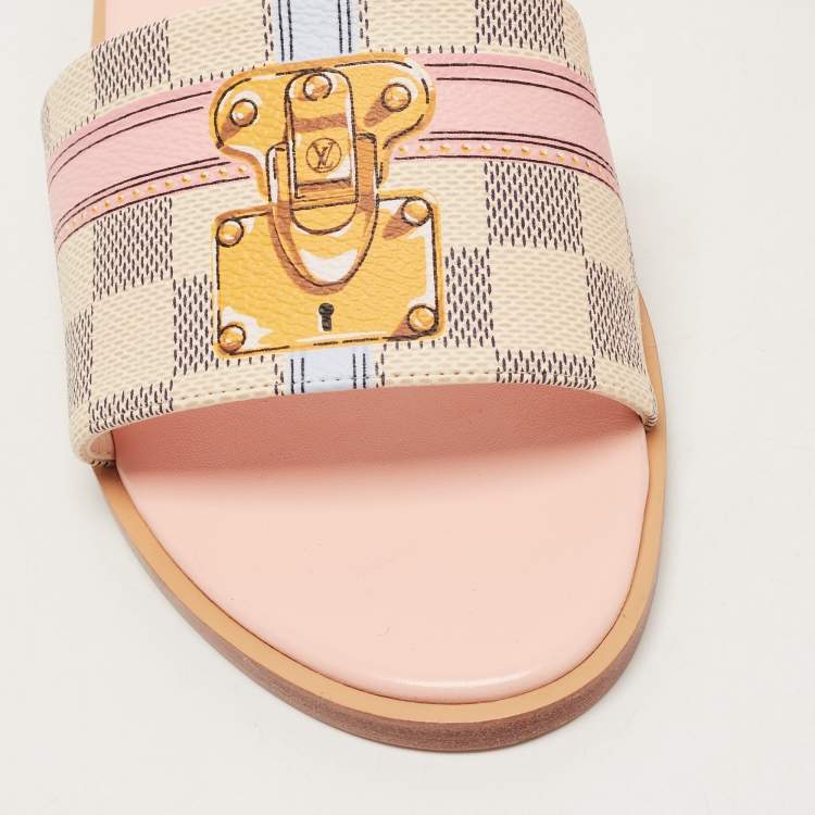 Pre Owned Louis Vuitton Beige/Navy Blue Damier Azur Canvas Lock It Flat Slides Size 40