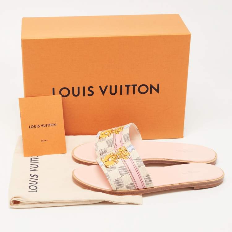 Pre Owned Louis Vuitton Beige/Navy Blue Damier Azur Canvas Lock It Flat Slides Size 40