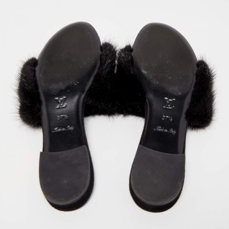 Pre Owned Louis Vuitton Black Mink Fur Crystal Embellished Flat Slides Size 37.5