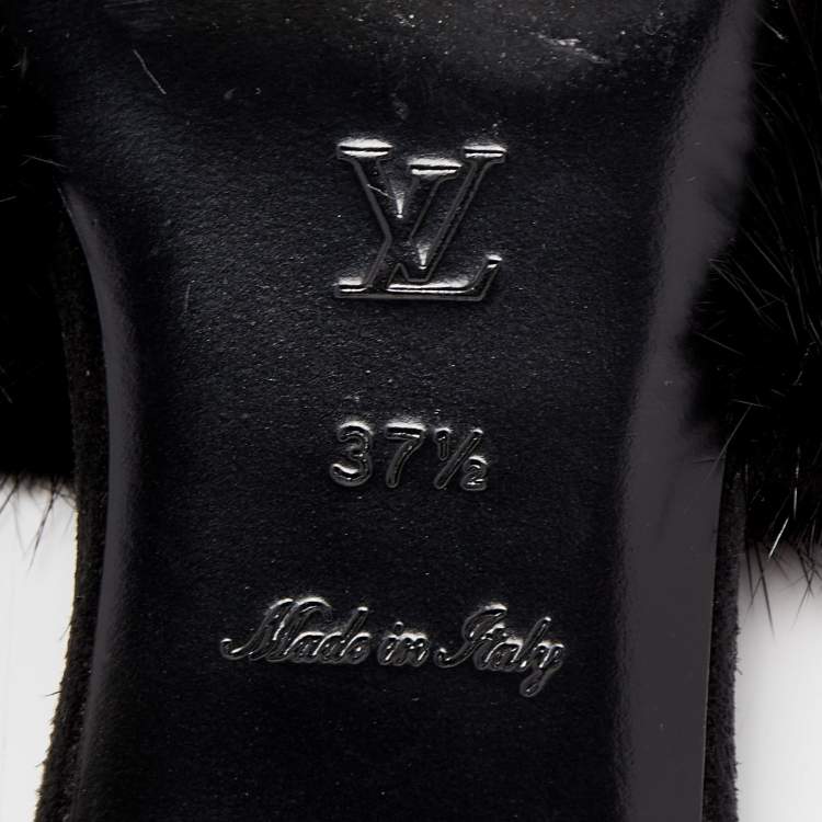 Pre Owned Louis Vuitton Black Mink Fur Crystal Embellished Flat Slides Size 37.5