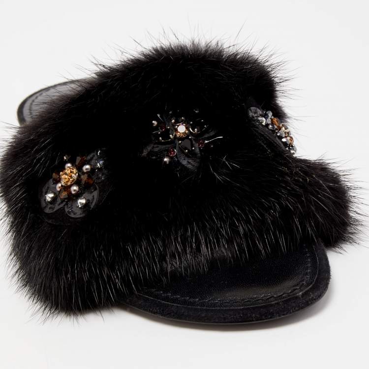 Pre Owned Louis Vuitton Black Mink Fur Crystal Embellished Flat Slides Size 37.5