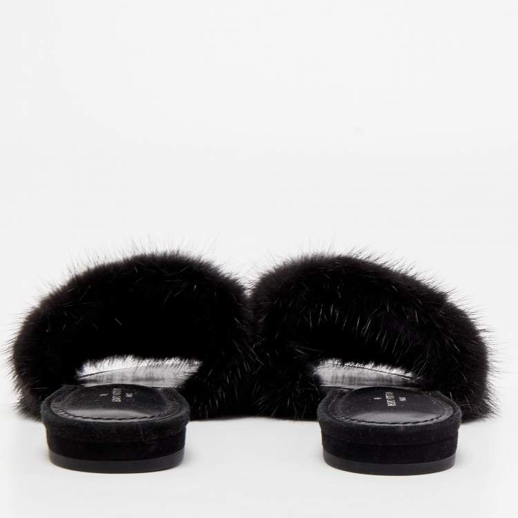 Pre Owned Louis Vuitton Black Mink Fur Crystal Embellished Flat Slides Size 37.5