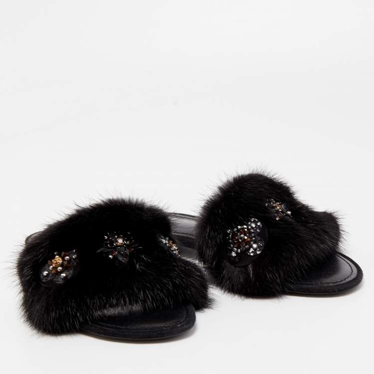 Pre Owned Louis Vuitton Black Mink Fur Crystal Embellished Flat Slides Size 37.5