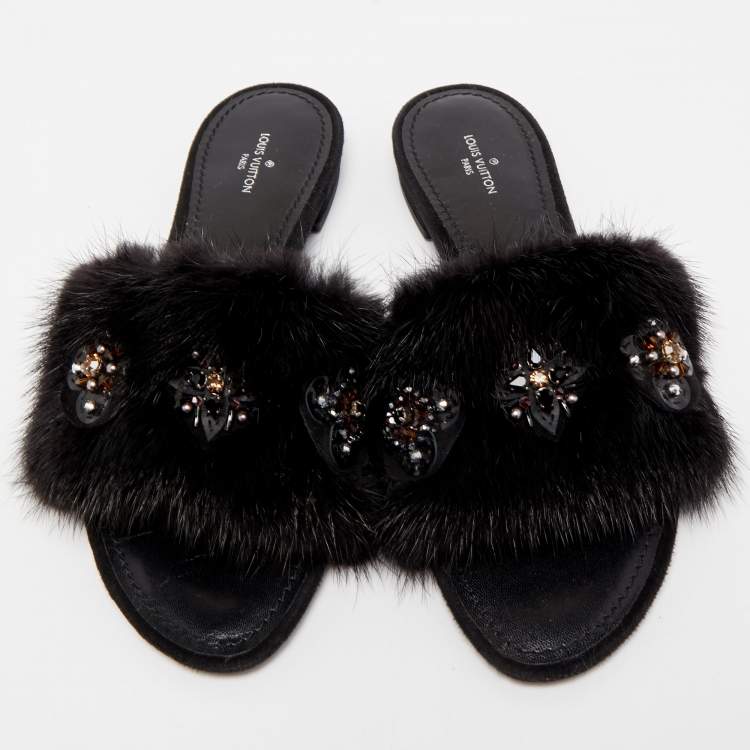 Pre Owned Louis Vuitton Black Mink Fur Crystal Embellished Flat Slides Size 37.5