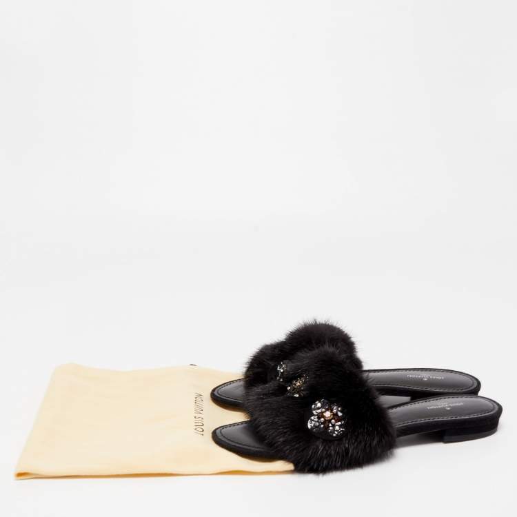 Pre Owned Louis Vuitton Black Mink Fur Crystal Embellished Flat Slides Size 37.5