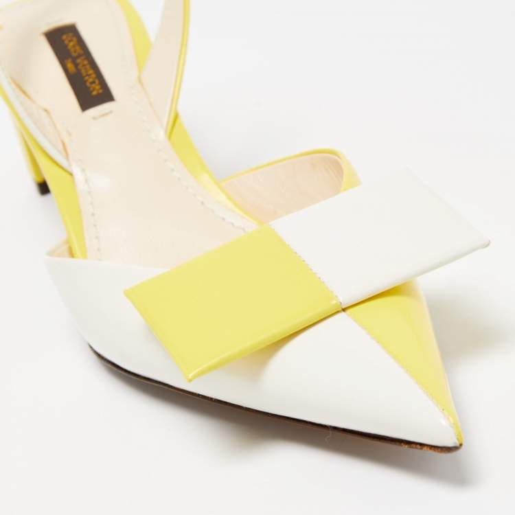 Pre Owned Louis Vuitton Yellow/White Leather Bow Slingback Pumps Size 37