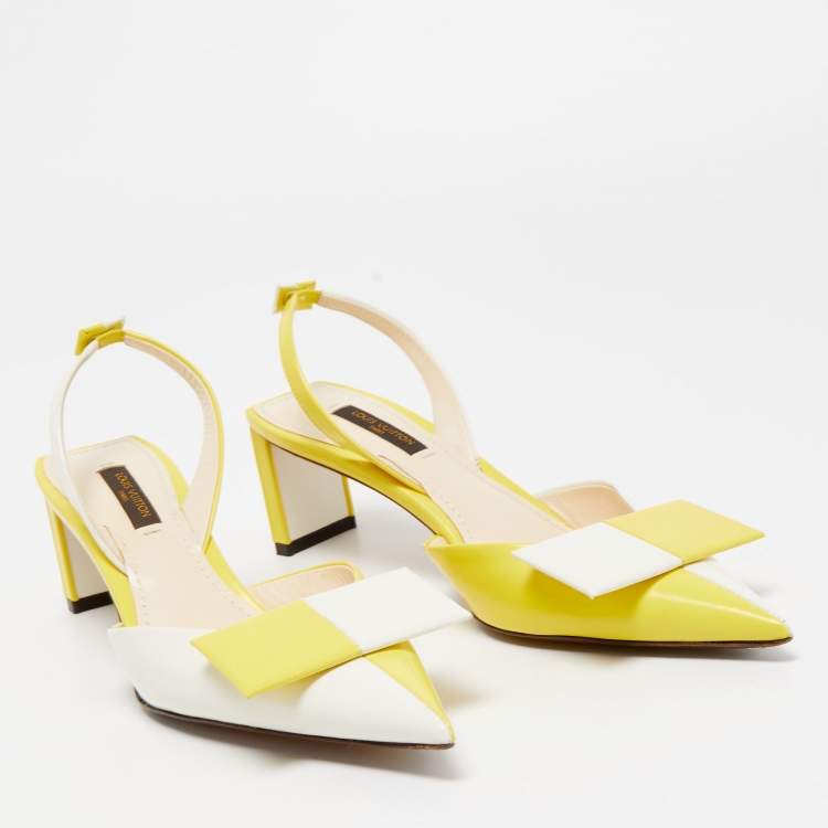 Pre Owned Louis Vuitton Yellow/White Leather Bow Slingback Pumps Size 37