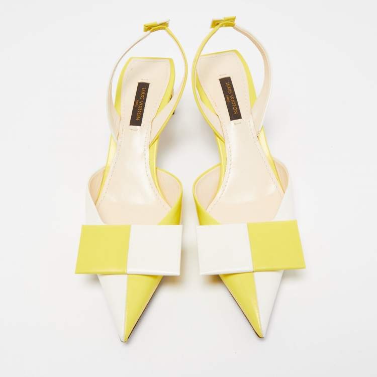 Pre Owned Louis Vuitton Yellow/White Leather Bow Slingback Pumps Size 37