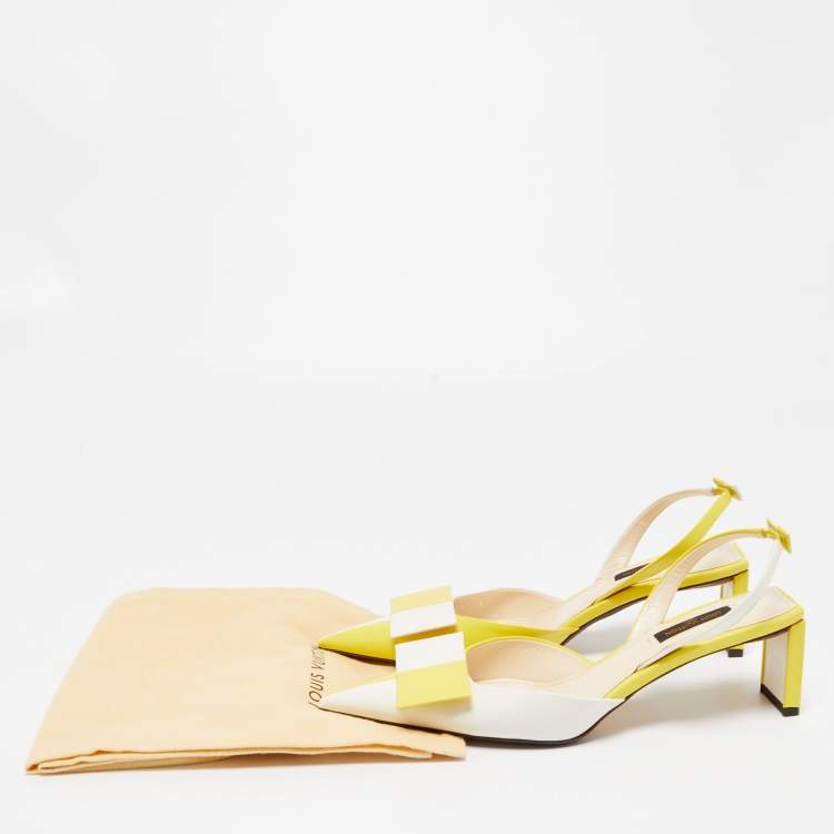Pre Owned Louis Vuitton Yellow/White Leather Bow Slingback Pumps Size 37