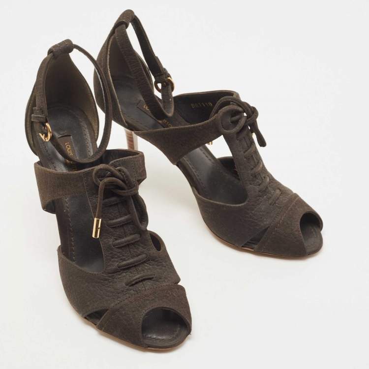 Pre Owned Louis Vuitton Dark Brown Leather Caged Ankle Strap Sandals Size 36.5