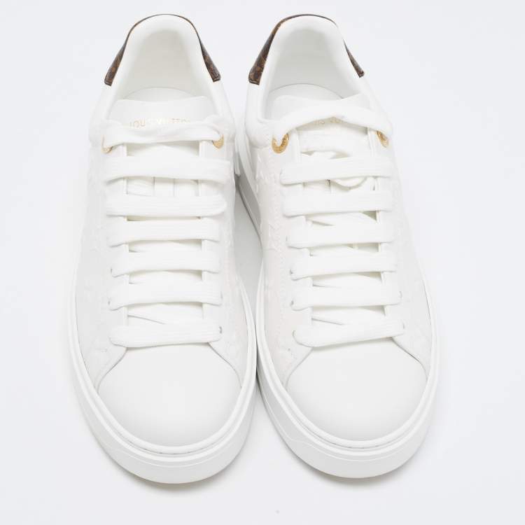 Pre Owned Louis Vuitton White/Brown Monogram Leather Time Out Sneakers Size 39