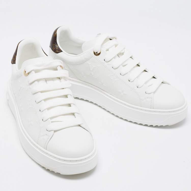Pre Owned Louis Vuitton White/Brown Monogram Leather Time Out Sneakers Size 39