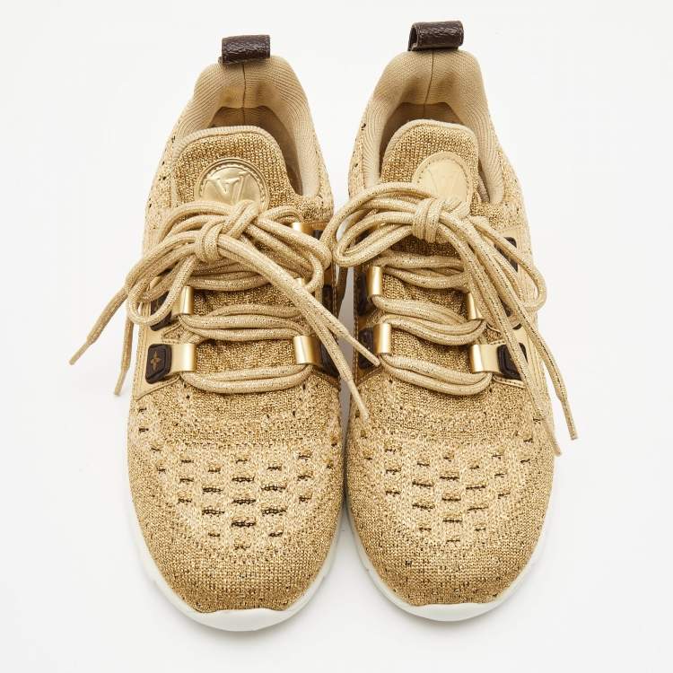 Pre Owned Louis Vuitton Gold Knit Fabric and Leather Aftergame Sneakers Size 36.5