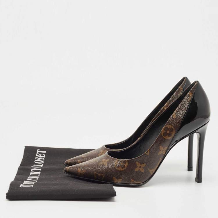 Pre Owned Louis Vuitton Black Patent Leather and Monogram Canvas Cherie Pumps Size 37