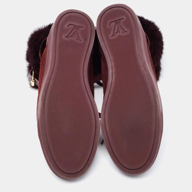 Pre Owned Louis Vuitton Burgundy Suede, Leather and Fur High Top Sneakers Size 38.5 