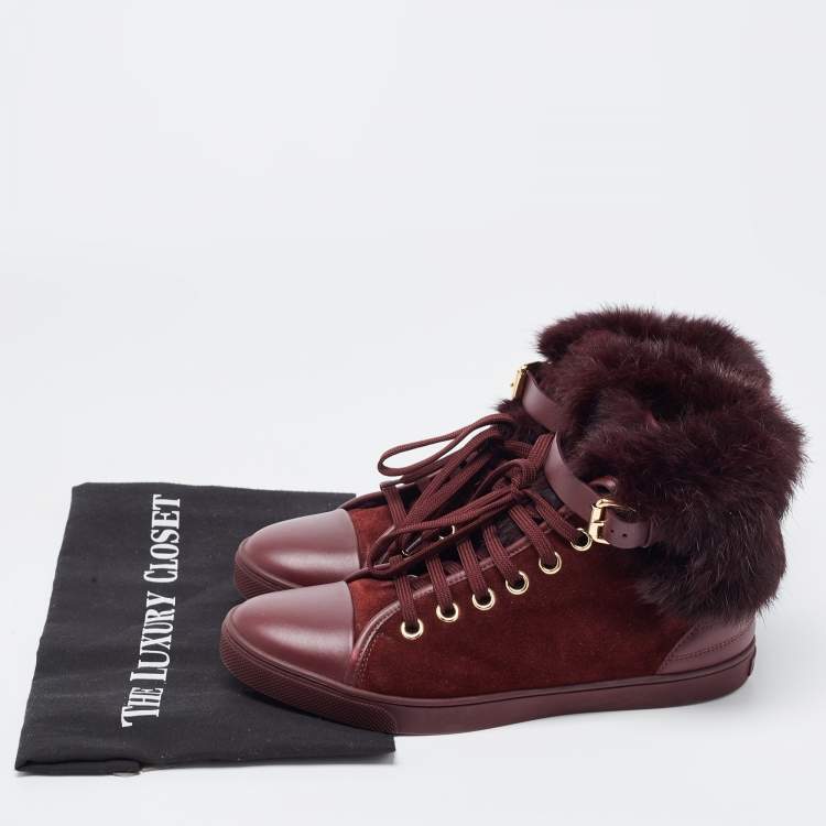Pre Owned Louis Vuitton Burgundy Suede, Leather and Fur High Top Sneakers Size 38.5 