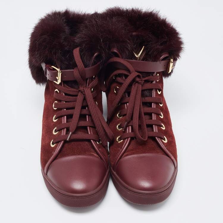 Pre Owned Louis Vuitton Burgundy Suede, Leather and Fur High Top Sneakers Size 38.5 