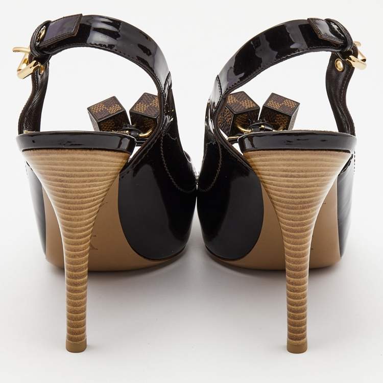 Pre Owned Louis Vuitton Black Patent Leather Vernis Dice Peep Toe Slingback  Pumps Size 38