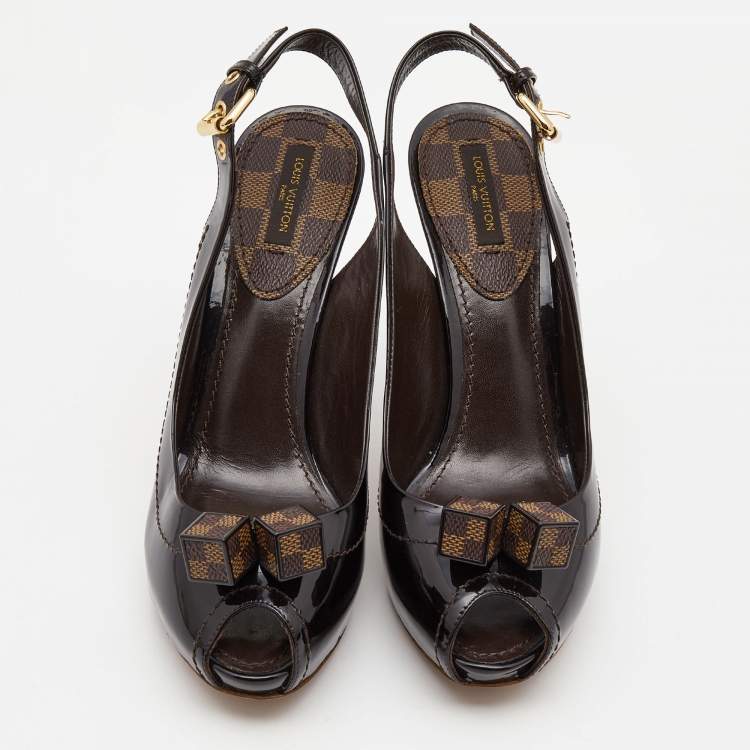 Pre Owned Louis Vuitton Black Patent Leather Vernis Dice Peep Toe Slingback  Pumps Size 38