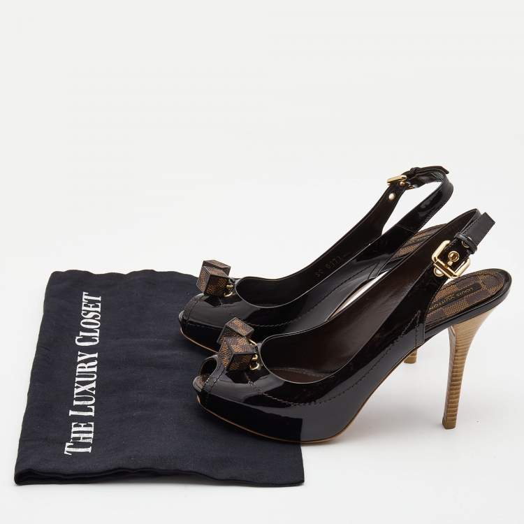 Pre Owned Louis Vuitton Black Patent Leather Vernis Dice Peep Toe Slingback  Pumps Size 38