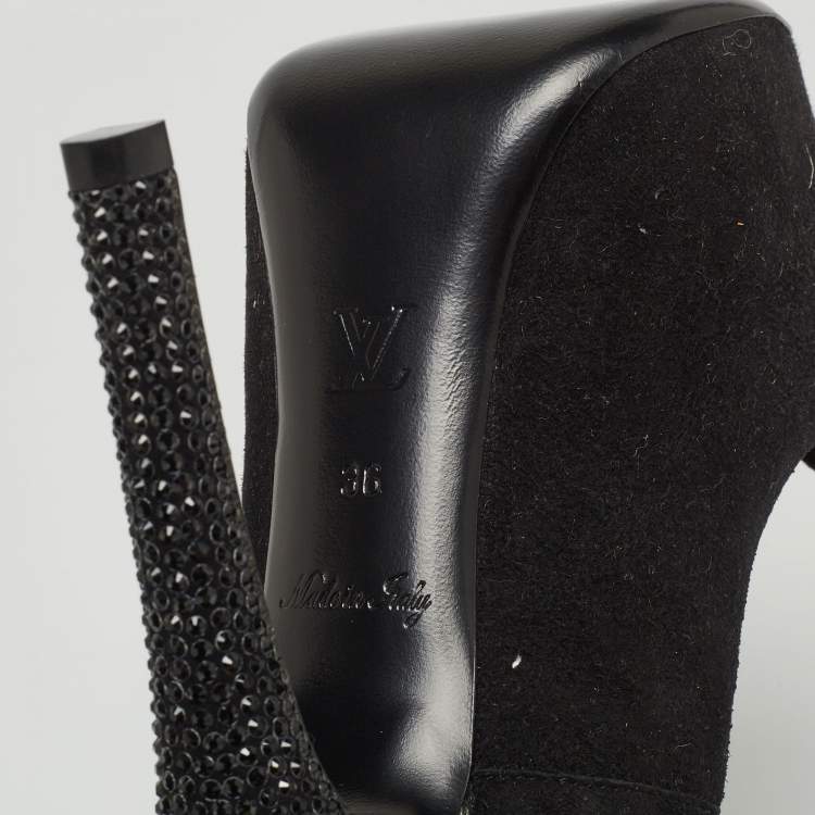 Pre Owned Louis Vuitton Black Suede Bow Peep Toe Platform Pumps Size 36
