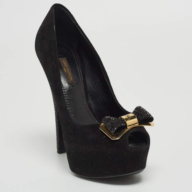 Pre Owned Louis Vuitton Black Suede Bow Peep Toe Platform Pumps Size 36