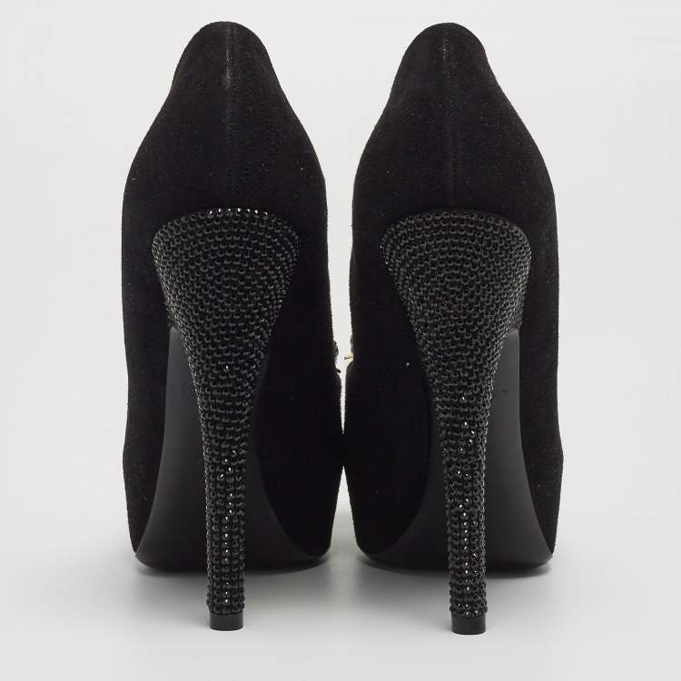 Pre Owned Louis Vuitton Black Suede Bow Peep Toe Platform Pumps Size 36