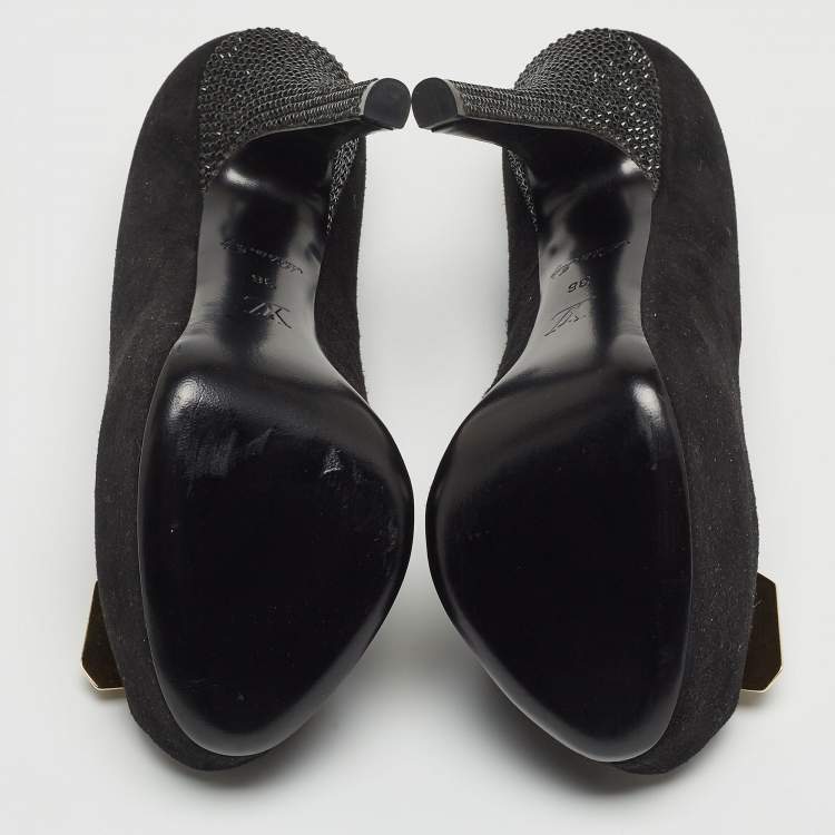 Pre Owned Louis Vuitton Black Suede Bow Peep Toe Platform Pumps Size 36