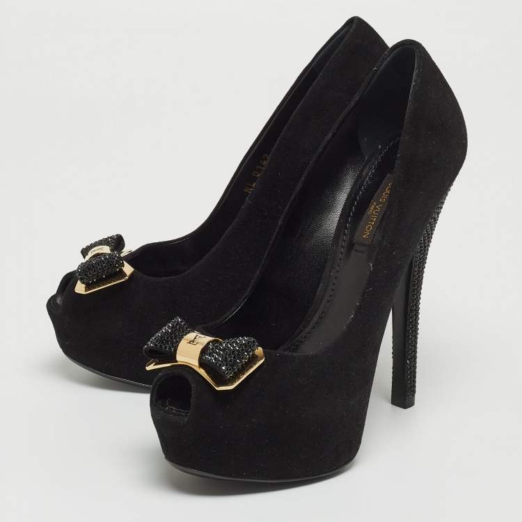 Pre Owned Louis Vuitton Black Suede Bow Peep Toe Platform Pumps Size 36