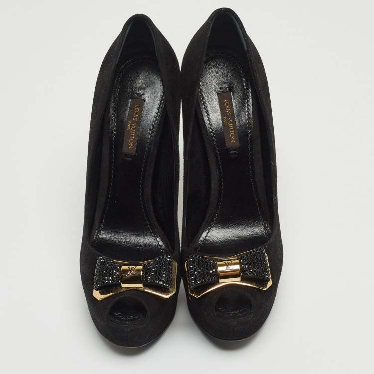 Pre Owned Louis Vuitton Black Suede Bow Peep Toe Platform Pumps Size 36