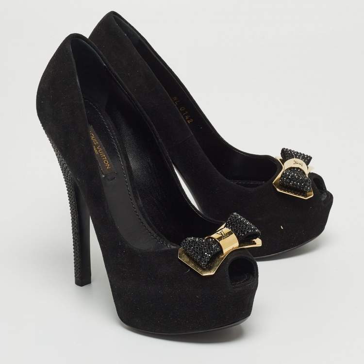 Pre Owned Louis Vuitton Black Suede Bow Peep Toe Platform Pumps Size 36