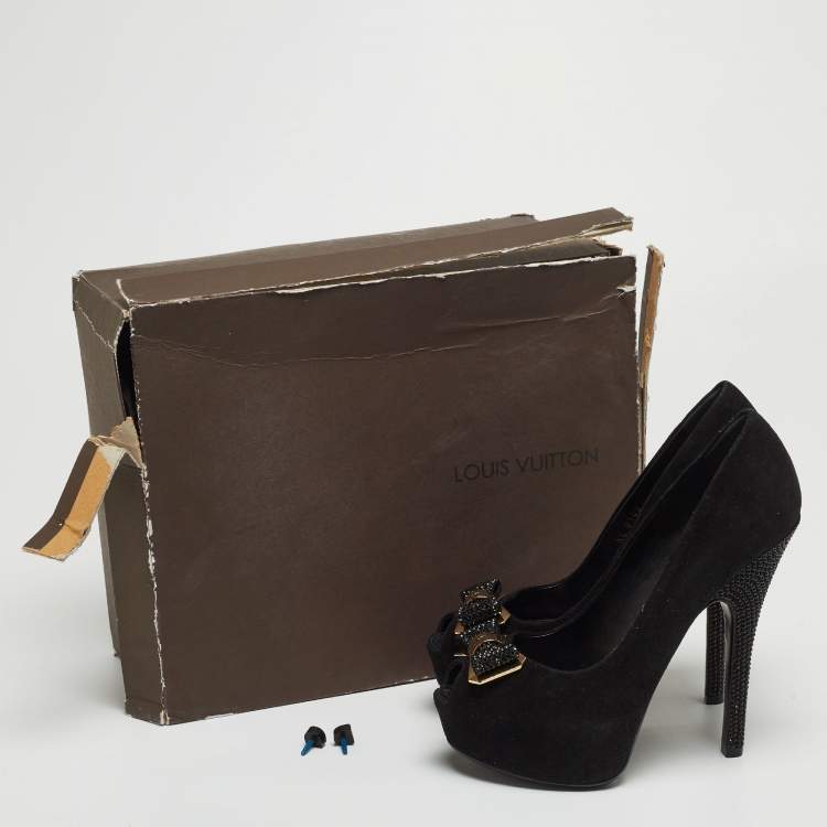 Pre Owned Louis Vuitton Black Suede Bow Peep Toe Platform Pumps Size 36