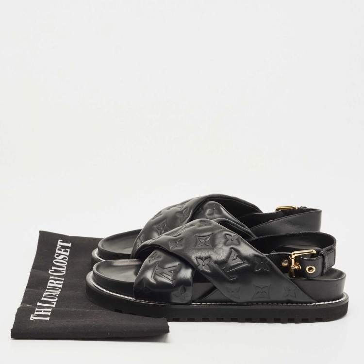 Pre Owned Louis Vuitton Black Monogram Embossed Leather Paseo Flat Sandals Size 39