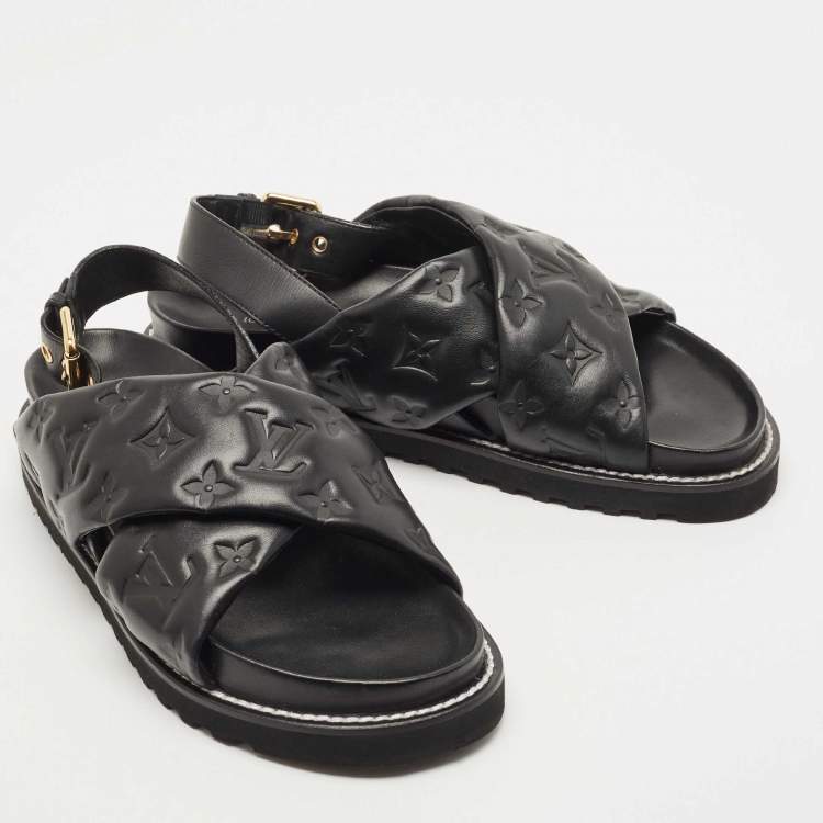 Pre Owned Louis Vuitton Black Monogram Embossed Leather Paseo Flat Sandals Size 39