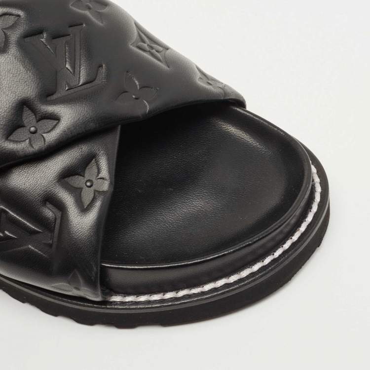 Pre Owned Louis Vuitton Black Monogram Embossed Leather Paseo Flat Sandals Size 39