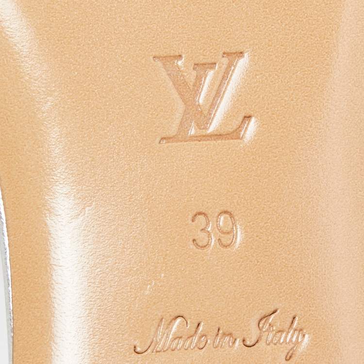 Pre Owned Louis Vuitton Silver Monogram Embossed Leather Revival Flat Slides Size 39