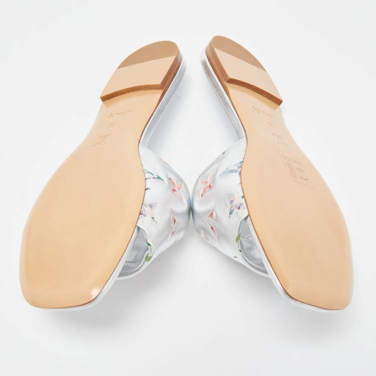 Pre Owned Louis Vuitton Silver Monogram Embossed Leather Revival Flat Slides Size 39