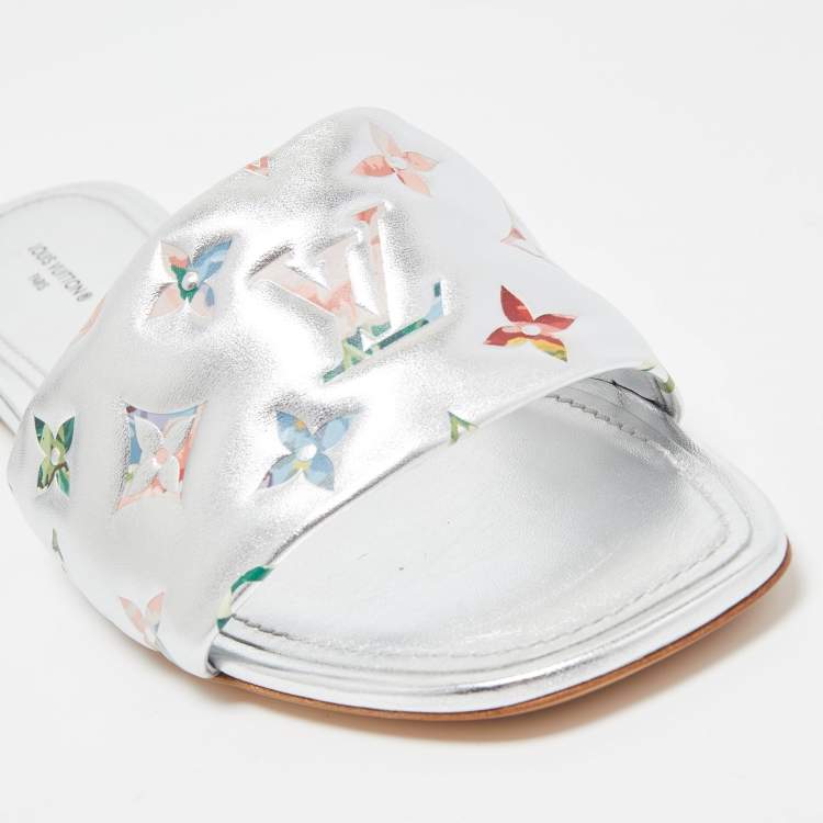 Pre Owned Louis Vuitton Silver Monogram Embossed Leather Revival Flat Slides Size 39