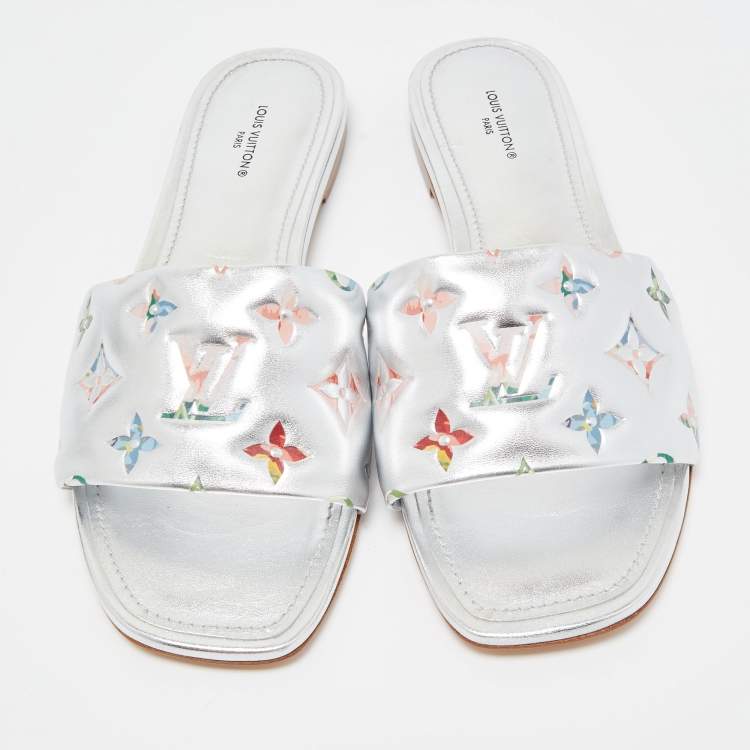 Pre Owned Louis Vuitton Silver Monogram Embossed Leather Revival Flat Slides Size 39
