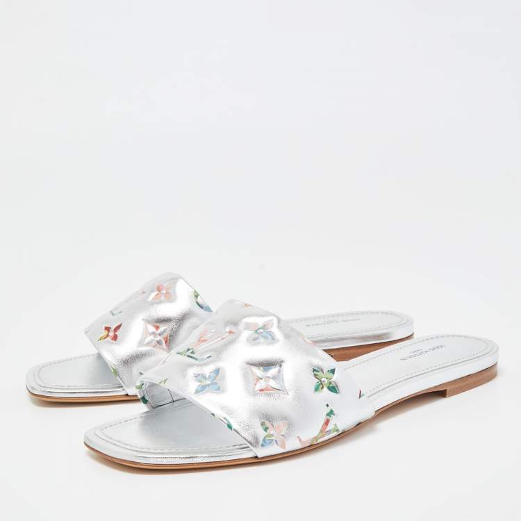 Pre Owned Louis Vuitton Silver Monogram Embossed Leather Revival Flat Slides Size 39