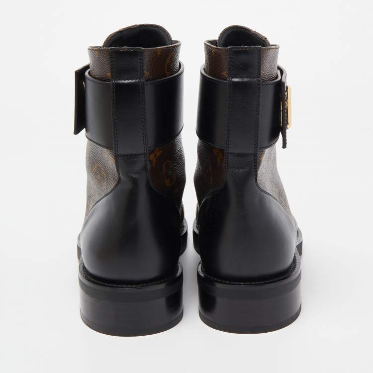 Pre Owned Louis Vuitton Brown/Black Monogram Canvas and Leather Wonderland Flat Ranger Boots Size 40