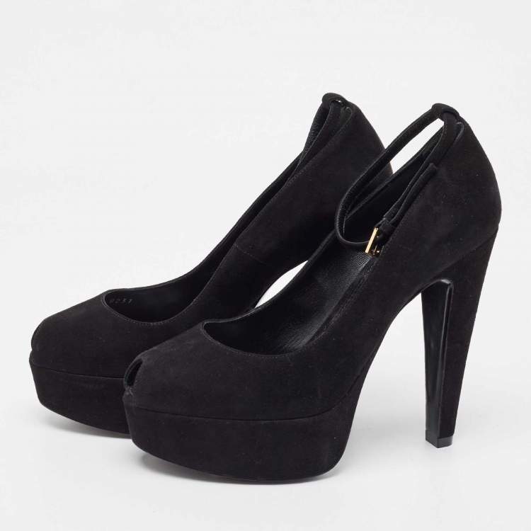 Pre Owned Louis Vuitton Black Suede Ankle Strap Pumps Size 37