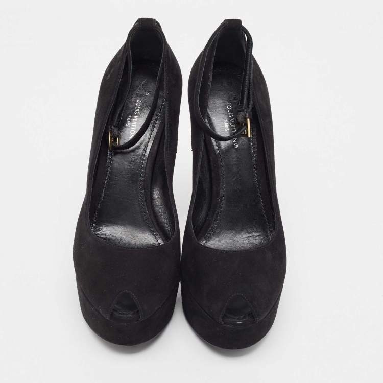 Pre Owned Louis Vuitton Black Suede Ankle Strap Pumps Size 37