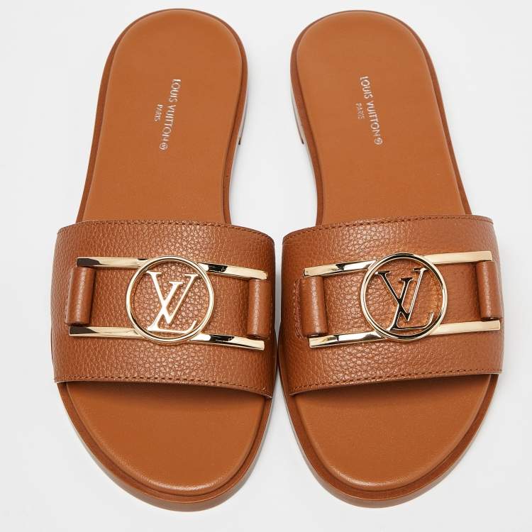 Pre Owned Louis Vuitton Cognac Leather Lock It Flat  Sandals Size 36