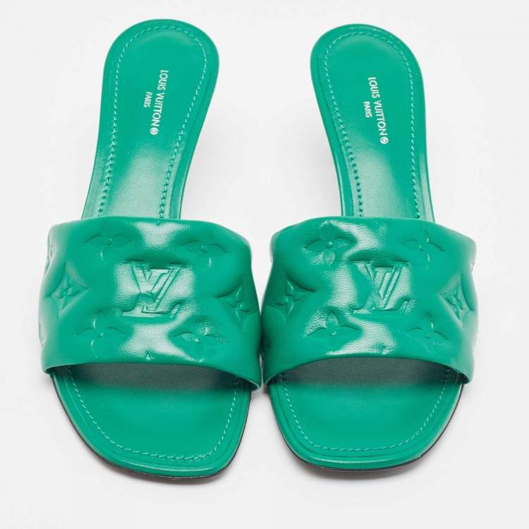 Pre Owned Louis Vuitton Green Leather Revival Slides Size 38