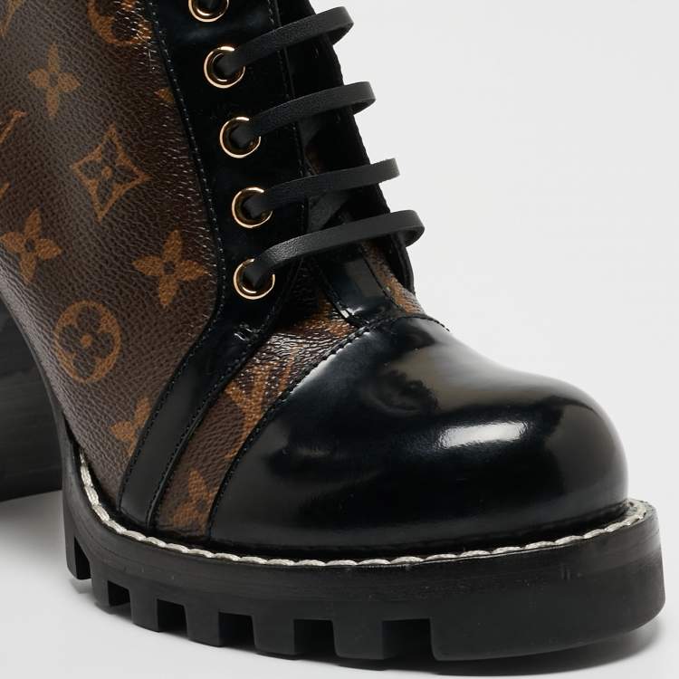 Pre Owned Louis Vuitton Black/Brown Patent Leather and Monogram Canvas Star Trail Boots Size 40